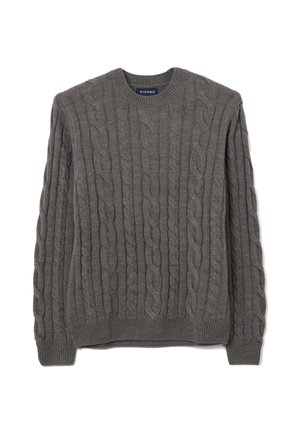 Gray knitted sweater featuring a cable stitch pattern, crew neckline, and ribbed cuffs and hem. Made from soft, textured fabric.