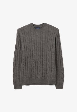 Maglione grigio lavorato a maglia con motivo a treccia, scollatura a girocollo e polsini e orlo a coste. Realizzato in un morbido tessuto testurizzato.