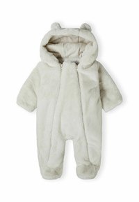 Mameluco blanco de pelaje sintético para bebé con capucha, que cuenta con orejas de oso, cierre de cremallera y textura suave para calidez y comodidad.