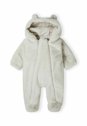 Mameluco blanco de pelaje sintético para bebé con capucha, que cuenta con orejas de oso, cierre de cremallera y textura suave para calidez y comodidad.