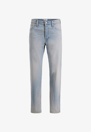 Lyseblå høytlivsjeans med rette ben, falmet vask, femlommesdesign og glidelås med knapp.