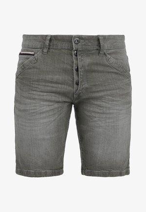 Šedé deninové šortky s zapínaním na gombíky, piatimi vreckami a mierne vyblednutou textúrou, so čistým lemovaním a uvoľneným strihom.