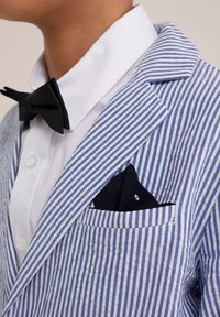 Blazer rayé bleu et blanc avec un col cranté, nœud papillon noir et pochette noire visible dans la poche, chemise blanche en dessous.