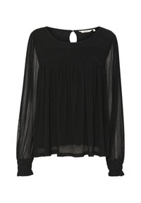 Blouse noire à manches longues avec un col rond, un buste froncé et des poignets froncés. Matière transparente avec un détail de trou de serrure dans le dos.