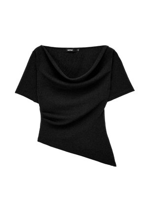 Schwarzes Kurzarmtop mit drapiertem Ausschnitt und asymmetrischem Saum aus weichem, strukturiertem Stoff.