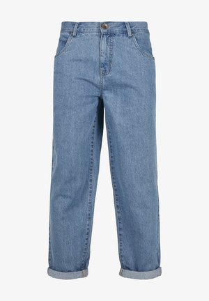 Svijetloplave traperice s slobodnim krojem, s prevrnutim manžetama, dva prednja džepa i kopčanjem na pojasu. Suptilna izblijedjela tekstura po cijeloj površini.