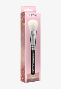 Pennello per fard con setole morbide bianche, ferula argentata e manico nero. Il confezionamento è rosa con un motivo floreale e testo del prodotto.