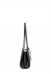 Sac à main en cuir noir avec une forme arrondie, texture lisse, deux longues anses et un accent en métal argenté distinctif sur le côté.