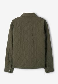 Olijfgroene gewatteerde jas met diamantstiksels, lange mouwen, knoopmanchetten en een kraag, gezien vanaf de achterkant.