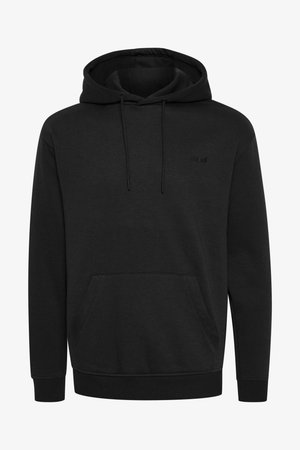 Schwarzer Hoodie mit einer vorderen Kängurutasche, Kapuze mit Zugband, gerippten Bündchen und Saum. Mit einem kleinen Logo auf der Brust. Weicher Stoff.