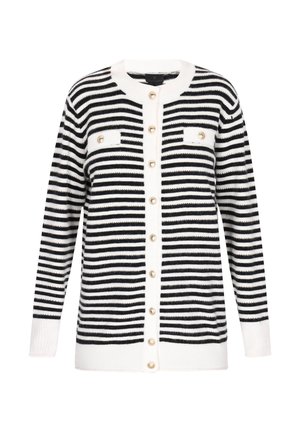 Schwarz-weißer gestreifter Cardigan mit Rundhals-Ausschnitt, Knopfverschluss, zwei Brusttaschen und perlenähnlichen Knöpfen. Weiche, gestrickte Textur.