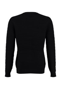 Pull noir avec un motif côtelé texturé, encolure arrondie et manches longues. Fabriqué en tissu doux avec une silhouette ajustée.