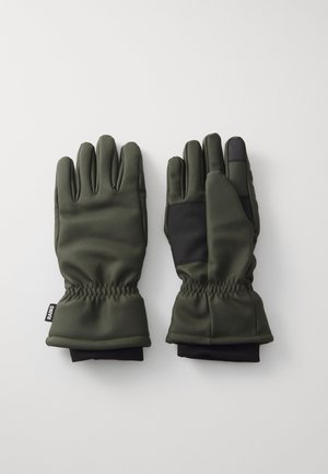Green waterproof gloves made of smooth material, featuring a black accent on the palm, elasticated wrist, and stitched detailing.