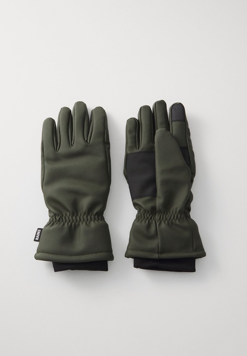Green waterproof gloves made of smooth material, featuring a black accent on the palm, elasticated wrist, and stitched detailing.