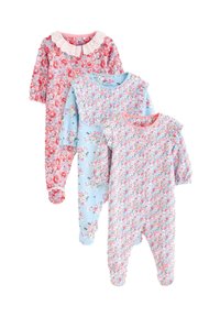 Kolm lastesukkpükst, millel on lillmustrid: üks punane valge kraega, üks hele sinine ja üks roosa volangvarrukatega.