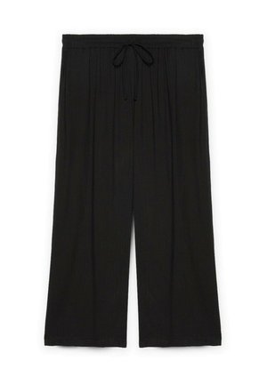 Pantalones negros de pernera ancha, confeccionados en una tela ligera, con una cinturilla elástica con cordón y una suave textura plisada.