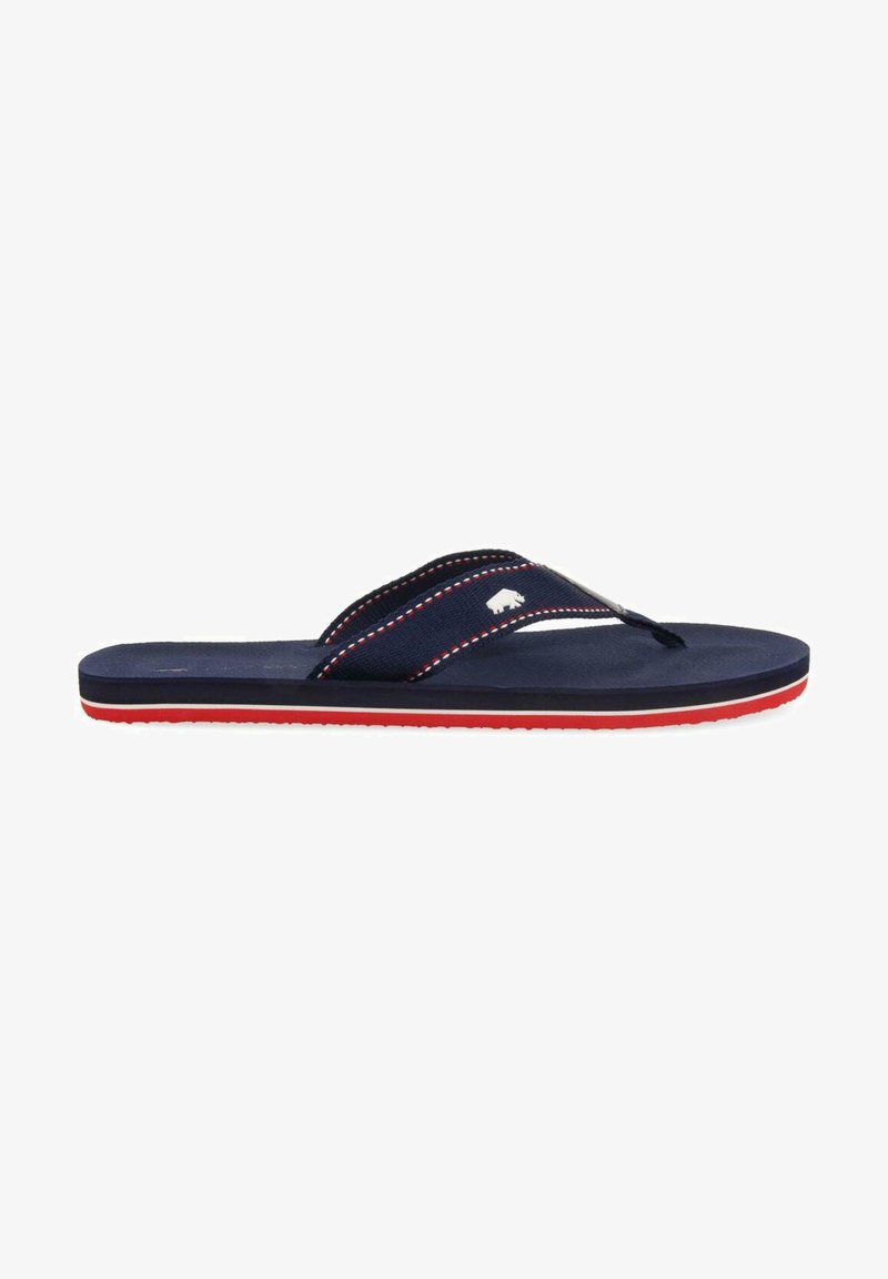 Chanclas de navy con suela de goma texturizada, capa inferior roja, correas de tela dual, costuras blancas y pequeño detalle de logo en la correa.