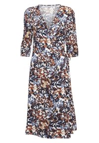 Blumen-Wickelkleid mit tiefem V-Ausschnitt, 3/4-Ärmeln und einer Mischung aus Blau, Braun und Weiß. Mit einem seitlichen Bindedetail.
