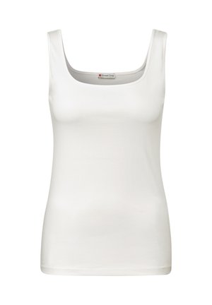 Biały top na ramiączkach z kwadratowym dekoltem, uszyty z miękkiej, gładkiej tkaniny. Posiada cienkie ramiączka i dopasowany krój bez ozdób.