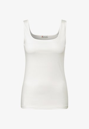 Biały top na ramiączkach z kwadratowym dekoltem, uszyty z miękkiej, gładkiej tkaniny. Posiada cienkie ramiączka i dopasowany krój bez ozdób.