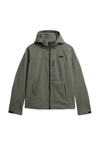 Jasnozielona kurtka softshell z kapturem, z zamkiem błyskawicznym z przodu, zapinana na zamek kieszeń na piersi, dwie kieszenie boczne oraz regulowane mankiety.