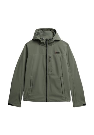 Olive green softshell jacket with hood, front zipper, zippered chest pocket, two side pockets, and adjustable wrist straps.