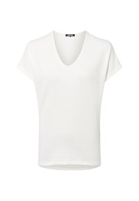 White short-sleeve top with a V-neck, made from textured material, featuring a relaxed fit and a straight hemline.