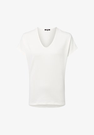 White short-sleeve top with a V-neck, made from textured material, featuring a relaxed fit and a straight hemline.