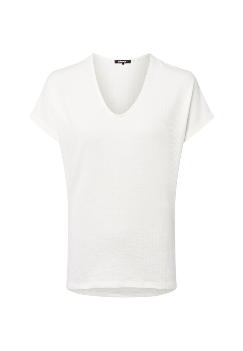 White short-sleeve top with a V-neck, made from textured material, featuring a relaxed fit and a straight hemline.