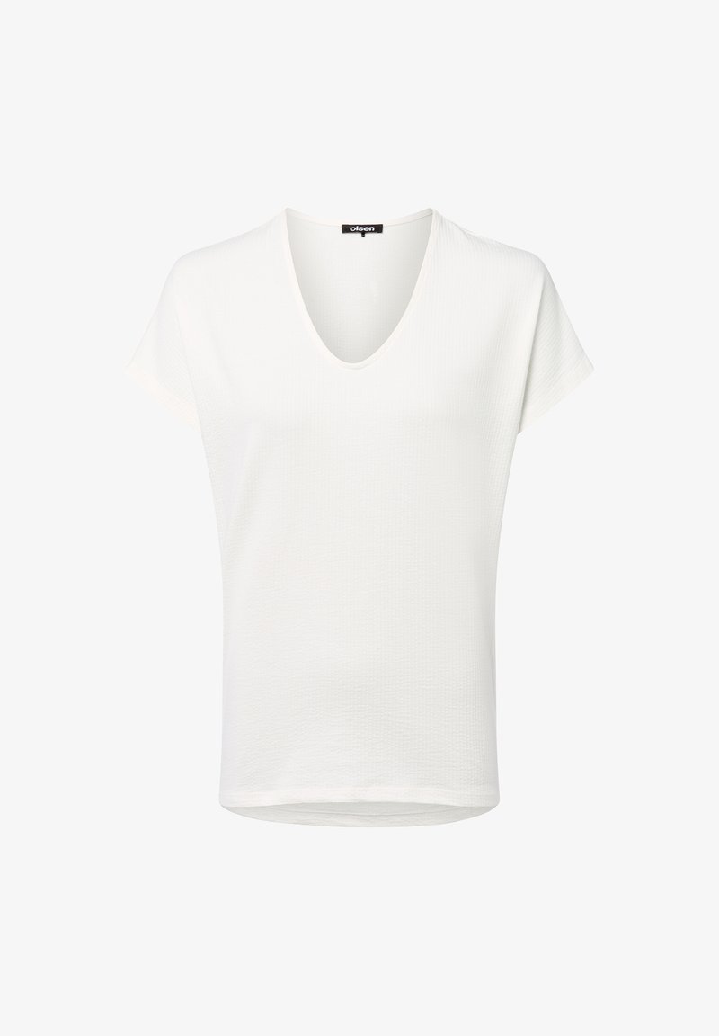 White short-sleeve top with a V-neck, made from textured material, featuring a relaxed fit and a straight hemline.