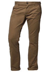 Pantalon décontracté marron coupe slim avec poches avant, fermeture par bouton et revers roulés.
