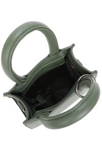 Sac à main en cuir vert avec double poignées supérieures circulaires, au design ouvert et intérieur en tissu noir comportant une petite poche et des détails de marque.