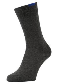Dunkelgraue Crew-Socke aus einem weichen, strukturierten Material mit einem blauen Akzent am oberen Ende. Verfügt über einen gerippten Bund für einen sicheren Sitz.