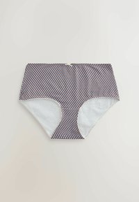 Sous-vêtements féminins taille haute avec motif géométrique marron et bleu clair, doublure intérieure blanche et petit nœud décoratif au centre.