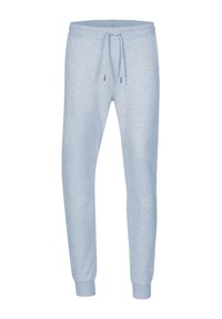 Lichtblauwe sweatpants van zachte stof, met een elastische tailleband met trekkoord, taps toelopende manchetten en een gladde textuur.