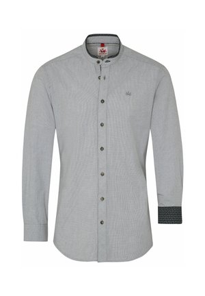 Graues Langarmshirt mit Stehkragen, das ein dezentes Muster und dunkle Knopfakzente aufweist, sowie gemusterte Manschetten für zusätzlichen Detailreichtum.