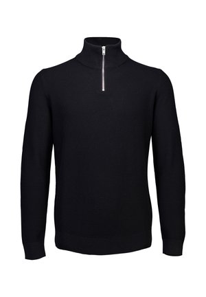 Schwarzer Strickpullover mit langen Ärmeln und hohem Kragen sowie einem kurzen silbernen Reißverschluss am Hals, auf einem weißen Hintergrund präsentiert.