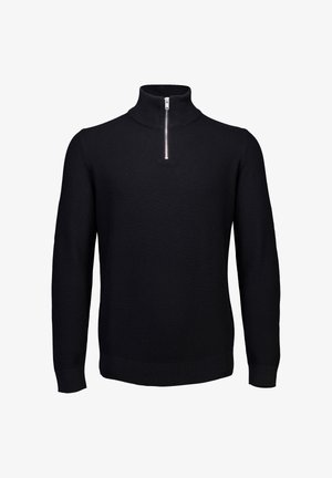 Zwart gebreide lange mouwen trui met hoge kraag en korte zilverkleurige rits bij de nek, weergegeven op een witte achtergrond.