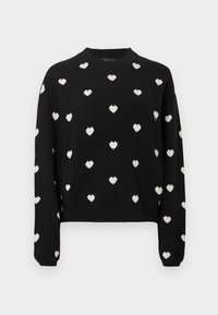 Maglione nero in tessuto a maglia, con scollo rotondo e maniche lunghe, decorato con piccoli motivi a cuore bianchi su tutta la superficie.