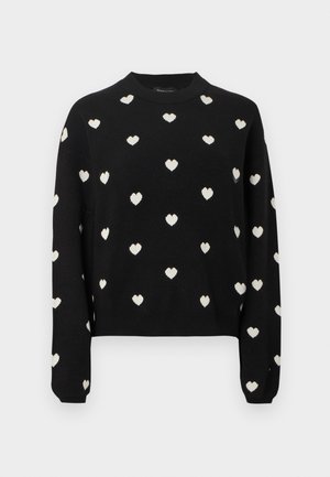 Schwarzer Pullover aus Strickstoff mit Rundhalsausschnitt und langen Ärmeln, durchgehend mit kleinen weißen Herzmustern verziert.