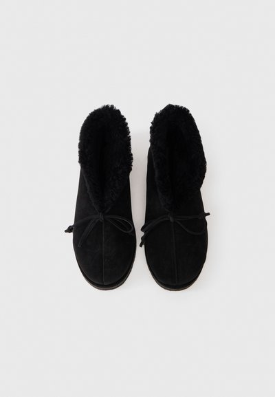 Pantofole nere in suede con interno sfocato e fiocchi, viste dall'alto su uno sfondo bianco.