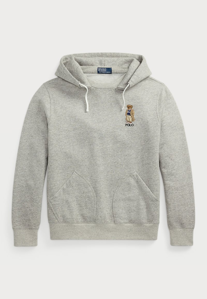 Szürke pamut kapucnis pulóver elülső kenguru zsebbel, bordázott mandzsettákkal és szegéllyel. Mellrészen hímzett medve logóval.