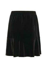 Zwarte fluwelen rok met een elastische tailleband, gerimpelde zoom en een zachte, gladde textuur. Midi-lengte ontwerp geschikt voor verschillende gelegenheden.