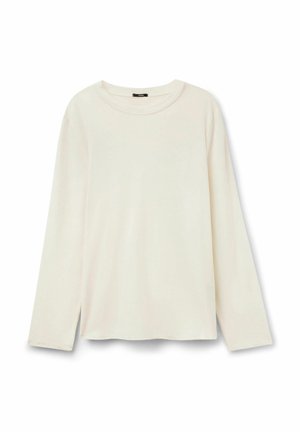 Chemise à manches longues couleur blanc cassé, fabriquée en tissu doux. Dotée d'un col rond et d'une coupe décontractée, avec une texture lisse et sans ornements.