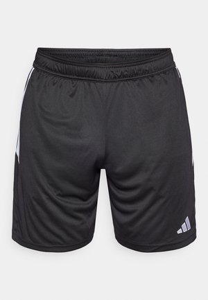 Svarte treningsshorts med elastisk midjebånd, glatt tekstur og hvite sidestriper. Har en liten hvit logo på nederste siden.