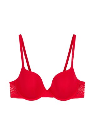 Roter gepolsterter BH mit Spitzenakzenten an den Seiten, verstellbaren Trägern und glatter Oberfläche. Einfaches Design mit klassischer Bügel-Form.