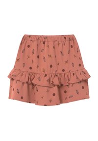 Roze gerimpelde rok met een verzamelde tailleband, voorzien van een print van kleine bloemetjes en bruine stippen, gemaakt van zachte, lichte stof.