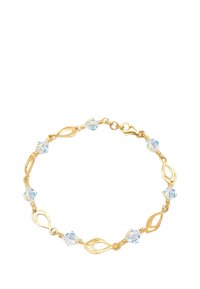 Guldtonat armband med växelvisa utsmyckade länkar och blå kristallpärlor, som visar upp en delikat design och mjuk textur.