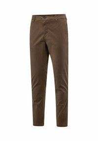 Chino marroni in misto cotone, con vestibilità slim, chiusura con bottone e zip, tasche laterali e una texture liscia.
