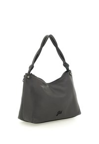 Borsa a mano in pelle grigia con una texture morbida, parte superiore curva e una tracolla spessa singola. Presenta un logo discreto sulla parte anteriore.